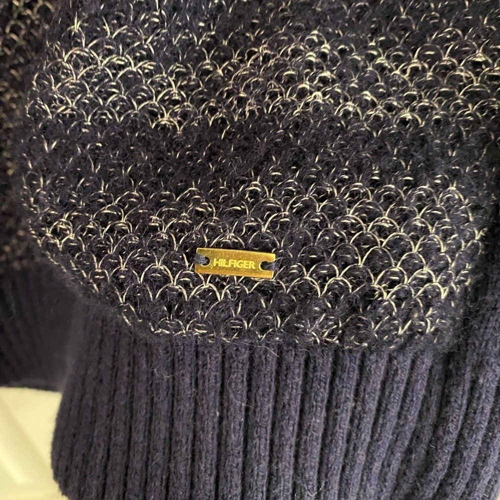 Tommy Hilfiger Navy Sweater w/ Silver Metallic Threads & Button Collar Large/L F - Picture 2 of 5